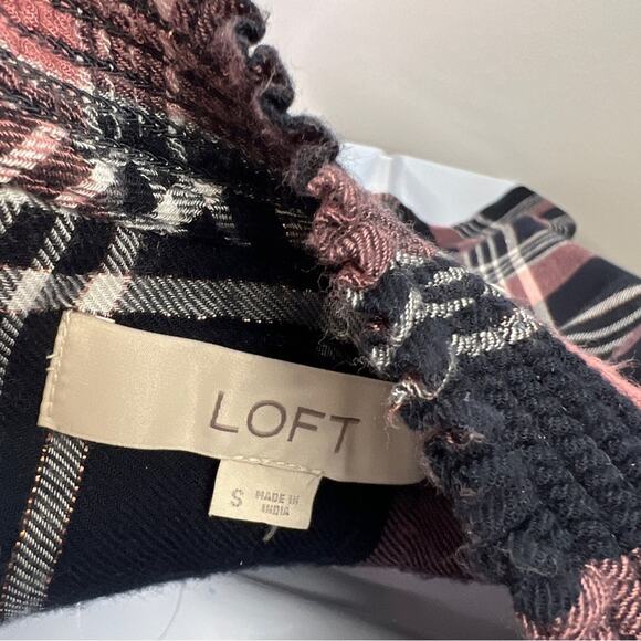 LOFT Shimmer Plaid Smocked Tie Neck Blouse Size S Pink Black Mock Tunic Length - Picture 12 of 12